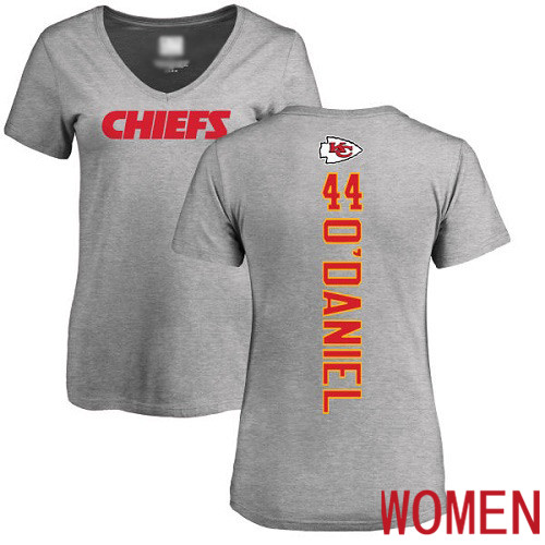 Women Kansas City Chiefs #44 ODaniel Dorian Ash Backer V Neck NFL T Shirt->nfl t-shirts->Sports Accessory